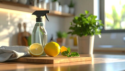 Kitchen counter still life with lemons, cleaning spray, green plant, and sunlight coming through window