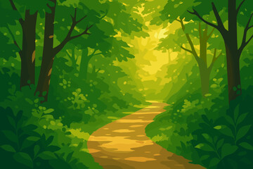 Golden Forest Pathway. Serene forest pathway glowing under dappled golden vector illustration sunlight, lush green foliage