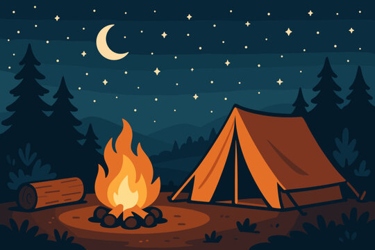Starry Night Campfire. Cozy campsite vector illustration under a starry night sky, illuminated by the warm glow of a campfire,