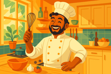 Cheerful Chef in Kitchen. Cheerful chef in a vibrant kitchen holding a whisk, illuminated by natural light, radiating energy and