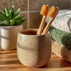 Minimal bamboo toothbrush holder in cozy bathroom high resolution picture
