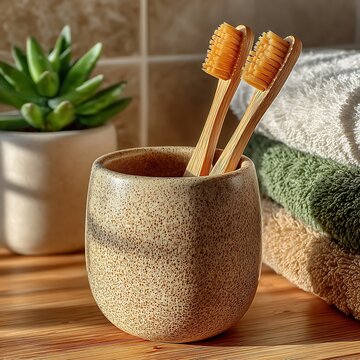 Minimal bamboo toothbrush holder in cozy bathroom high resolution picture