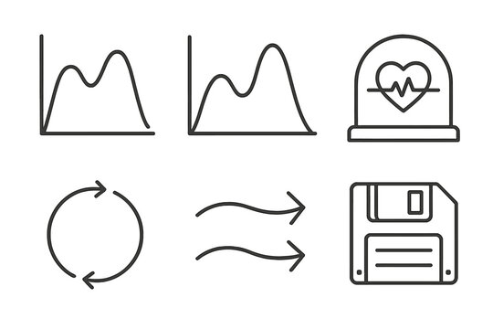 Nostalgia Tide Icons. Line style icons of nostalgia tide predictors: emotional wave chart, rising and falling curve, heart-beat