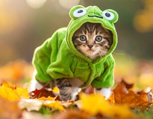 Kitten in a cute, bright green frog costume stands among autumn leaves, staring at the viewer with adorable eyes