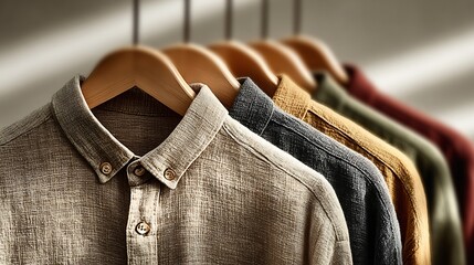 Minimalist bamboo clothing collection on wooden hangers high resolution picture