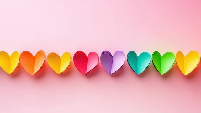 A row of colorful Valentine's Day hearts hanging on a string.