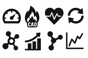 Metabolic Rate Icons. Solid style icons of metabolic rate tracking: speedometers, calorie flames, heartbeat icons, energy arrows,