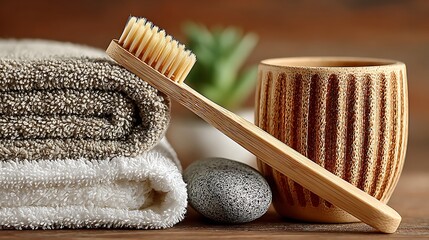 Minimalist bamboo toothbrush and bathroom cup high resolution picture