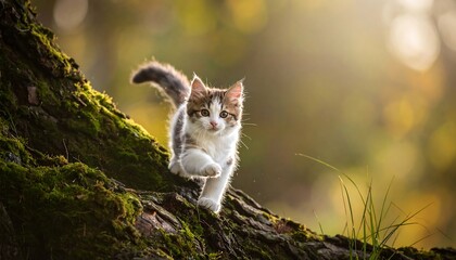 Kitten prances down mossy tree limb in soft light, fur detailed, tail raised, nature backdrop