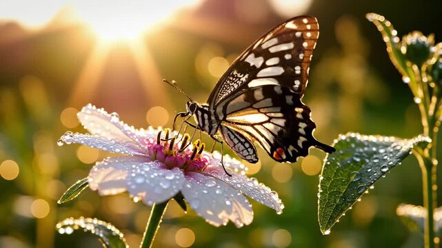 A butterfly delicately lands on a flower covered in droplets of water as the sun rises in the background. This butterfly and the flower exemplify the beauty of nature in morning light.
