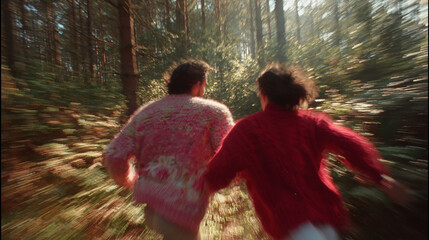  a grumpy couple wearing pink and red sweaters is running through the light forest, high shutter speed