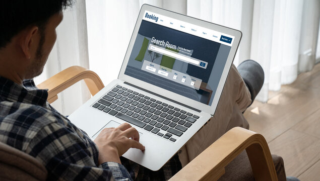 Online hotel accommodation booking website provide modish reservation system . Travel technology concept .