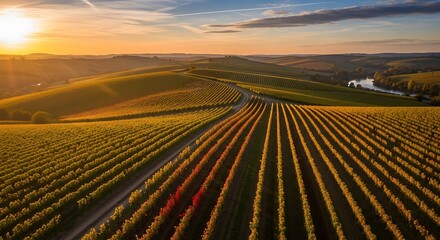 Vineyard landscape at sunset with rows of vines.