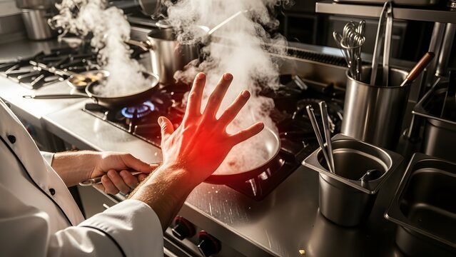 Chef's hand in danger over steaming hot pan in professional kitchen, highlighting cooking accident, burn risk, and safety