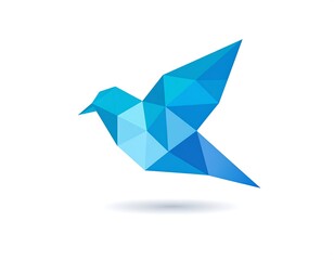 Low-poly stylized bird made of geometric shapes, rendered in shades of blue, with a drop shadow