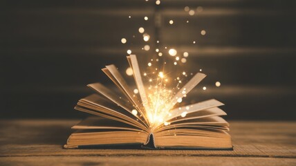 Enchanted Pages: An open book beams with ethereal light, creating a sense of wonder and intellectual exploration on a rustic wooden table.
