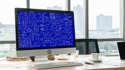 Mathematic equations and modish formula on computer screen showing concept of science and education