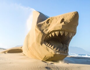 Imposing sand shark sculpture roars on a sandy beach under bright sky, ocean view
