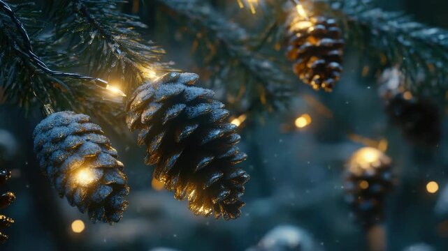 Pine cones on branches with lights in the background.