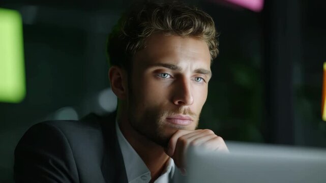 Business man with beard staring at computer screen