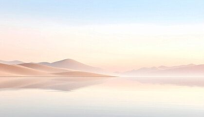 Minimal wellness landscape with soft pastel dunes, calm water reflection and abstract sun. Serene mindfulness background for website hero images, meditation, spa, mental health and wellness brands.