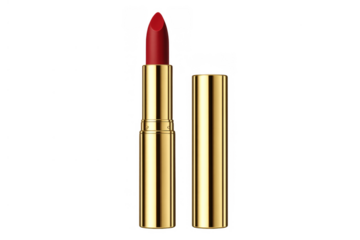 Red shiny lipstick in gold tube, open and ready for application, symbolizing beauty, makeup, and glamour