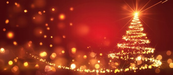 Obraz premium Golden Lights of Christmas: A festive Christmas tree of shimmering lights glows brightly against a rich crimson backdrop, creating a captivating holiday scene.