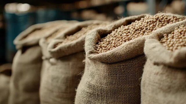 A collection of burlap sacks filled with various grains, ready for transport or sale.