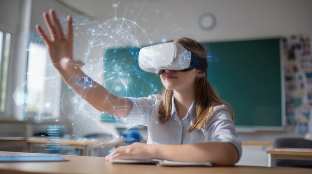 Girl wearing virtual reality headset interacting with holographic scientific elements in bright classroom setting - Powered by Adobe