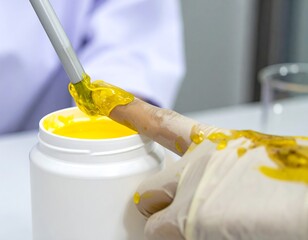 Lab setting gloved hand applies vibrant yellow substance from container to a tool, wearing white lab coat