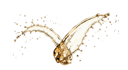 viscous, pale golden white wine splash frozen mid-arc, dramatic rim lighting highlighting suspended micro-droplets, against a transparent background with copy space. concept for beverage advertising