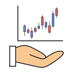 株価、投資、ローソク足、利益、資産運用、キャピタルゲインの増減、好景気、インフレ、不景気、デフレ、手のひら