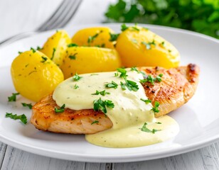 Grilled fish with creamy sauce and boiled potatoes on a white plate, garnished with parsley
