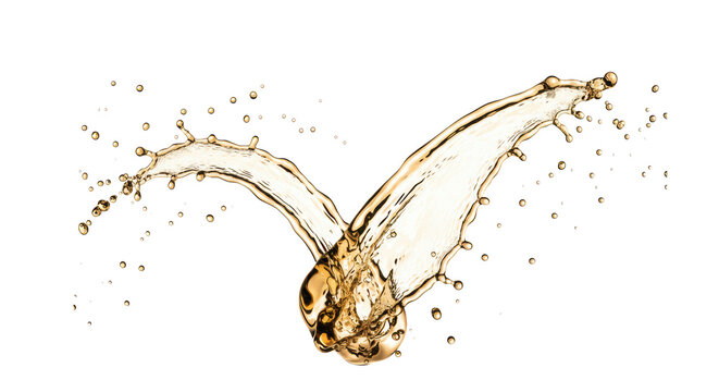 viscous, pale golden white wine splash frozen mid-arc, dramatic rim lighting highlighting suspended micro-droplets, against a transparent background with copy space. concept for beverage advertising