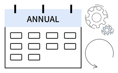 Planning, organization, project management, workflow, scheduling, annual events. A calendar labeled annual alongside gears and a circular arrow. Planning and organization for time management concept