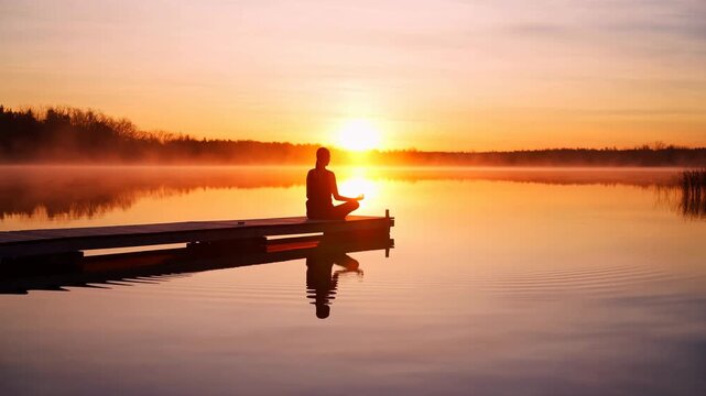 Silhouette of woman meditating in lotus pose on wooden dock at misty sunrise over calm lake