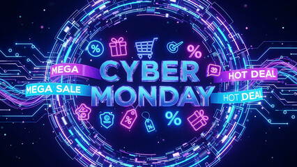 Futuristic “CYBER MONDAY” graphic with neon text, dynamic light lines, and hashtags #HOT DEAL and #MEGA SALE. Concept of online sales, discounts, digital marketing, and modern techno background.