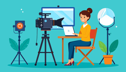 Female content creator working on video production in a home studio with camera, lights, and laptop