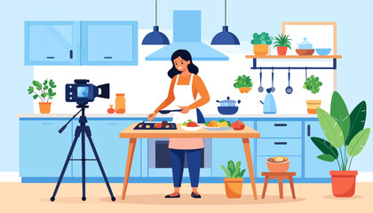Woman cooking and filming a recipe video in a modern kitchen. Food vlogger creating online culinary content.