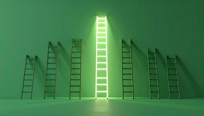 Ladder arrangement against a green wall; central ladder emits bright, vibrant light