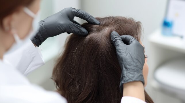 Trichologist examining woman&rsquo;s scalp in clinic