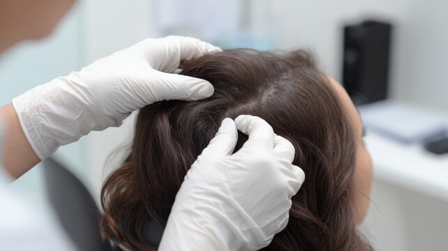 Dermatology specialist inspecting woman's scalp