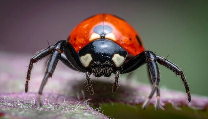 Ladybug close-up, focused on its face. Red shell with black spots. Black head & legs on a textured purple leaf