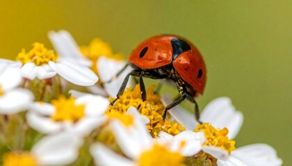 Ladybug on a cluster of white and yellow daisies. Macro photography captures intricate details