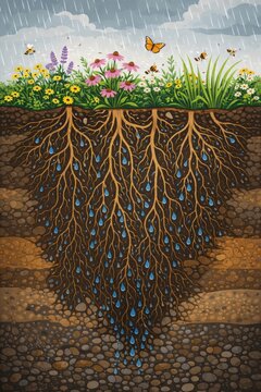 Deep Root System of Native Plants Filtering Stormwater Underground