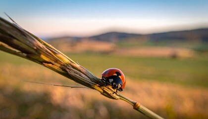 Ladybug resting on a piece of grass, with a blurry meadow and distant hills under a blue and orange sky