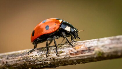 Ladybug rests on a twig, its red and black shell standing out against a blurred earthy-toned background