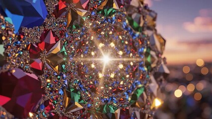 A stunning collection of colorful gems and crystals reflects bright light, creating a dynamic display. These gems and crystals emit a mesmerizing shine that captivates the viewer's attention.