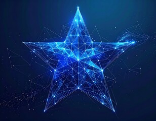 Luminous, digital star, blue glow. A network of connecting lines forming a five pointed star on a dark gradient background
