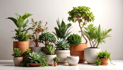 Indoor plants of various types in pots, arranged together on a plain, bright surface against a white background
